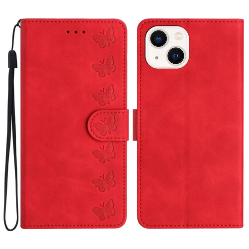 For iPhone 14 PU Leather Stand Wallet Phone Case Butterfly Imprinted Full Protection Cover - Red - 1
