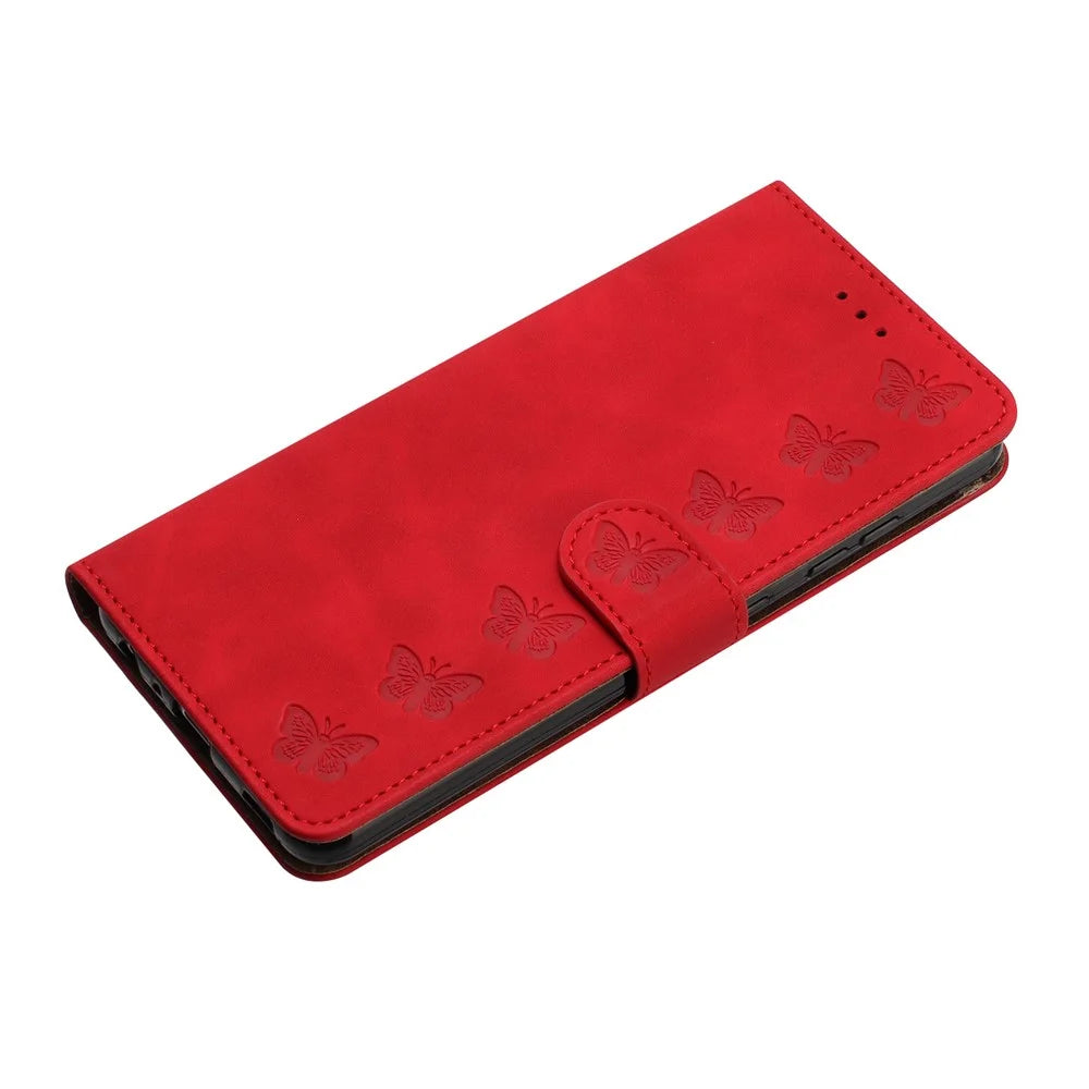 For iPhone 14 PU Leather Stand Wallet Phone Case Butterfly Imprinted Full Protection Cover - Red - 5