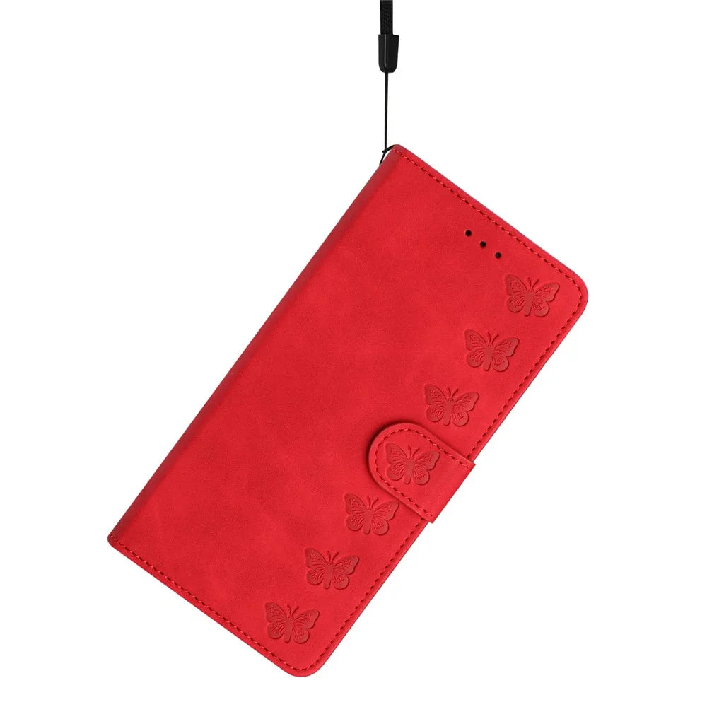 For iPhone 14 PU Leather Stand Wallet Phone Case Butterfly Imprinted Full Protection Cover - Red - 6
