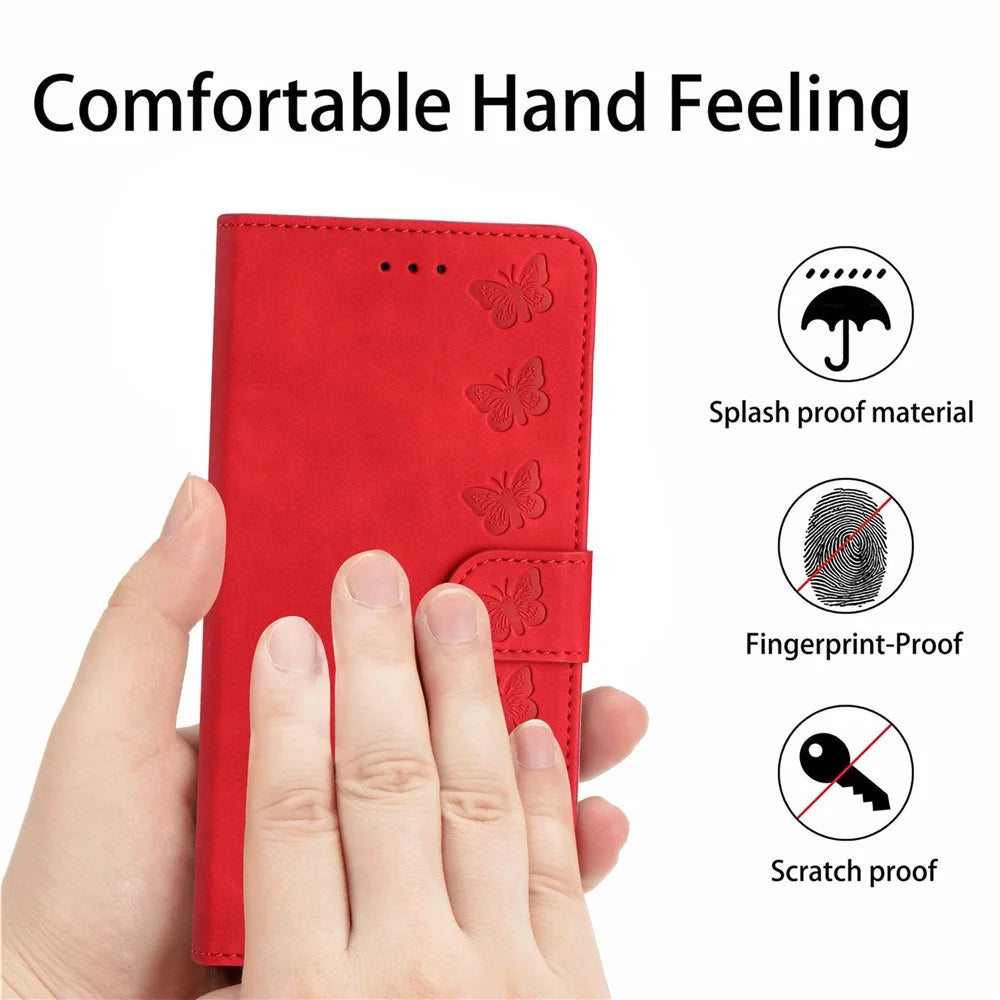 For iPhone 14 PU Leather Stand Wallet Phone Case Butterfly Imprinted Full Protection Cover - Red - 7