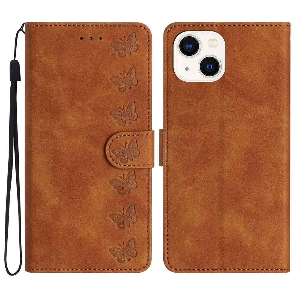 For iPhone 13 mini 5.4 inch Butterfly Imprinted Shockproof Phone Case Leather Wallet Cover with Stand - Brown - 1