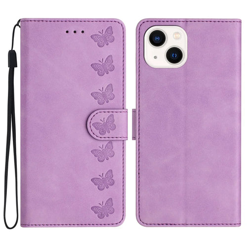 For iPhone 14 Plus Butterfly Imprinted Drop-proof Shell PU Leather Wallet Stand Phone Case - Purple - 1