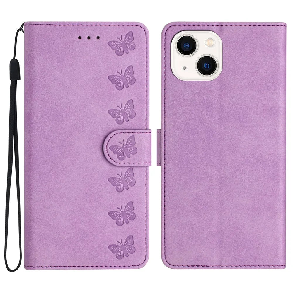 For iPhone 14 Plus Butterfly Imprinted Drop-proof Shell PU Leather Wallet Stand Phone Case - Purple - 1