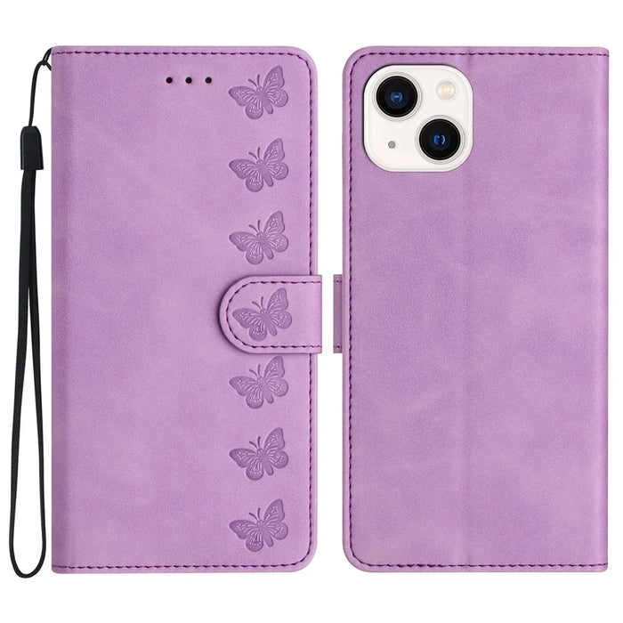 For iPhone 14 Plus Butterfly Imprinted Drop-proof Shell PU Leather Wallet Stand Phone Case - Purple - 1