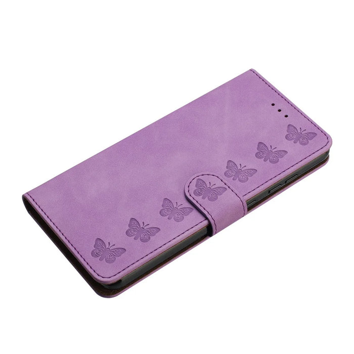 For iPhone 14 Plus Butterfly Imprinted Drop-proof Shell PU Leather Wallet Stand Phone Case - Purple - 5