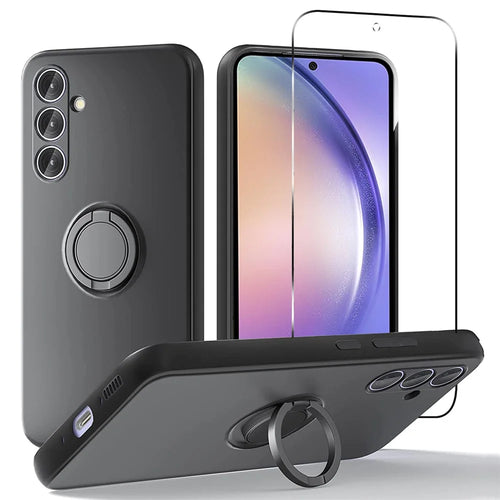 For Samsung Galaxy A54 5G Kickstand Liquid Silicone Phone Case with 2.5D Arc Edge Tempered Glass Screen Film - Black - 1