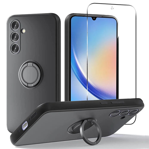 For Samsung Galaxy A34 5G Liquid Silicone Case Kickstand Phone Cover with 2.5D Arc Edge Tempered Glass Screen Film - Black - 1
