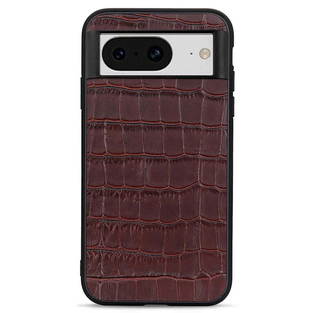 For Google Pixel 8 Drop Proof Genuine Cow Leather+TPU+PC Phone Case Crocodile Texture Phone Cover - Brown - 1