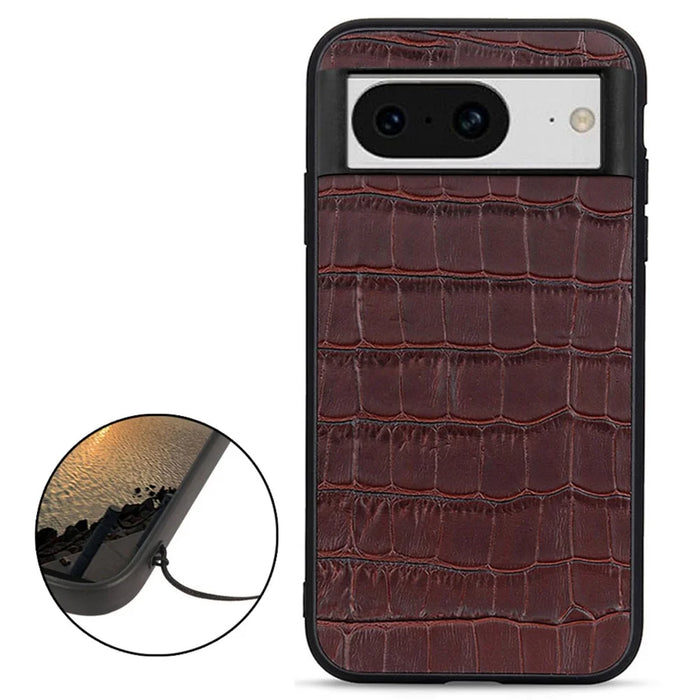 For Google Pixel 8 Drop Proof Genuine Cow Leather+TPU+PC Phone Case Crocodile Texture Phone Cover - Brown - 2