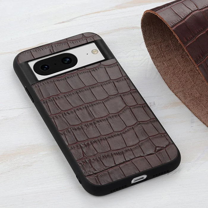 For Google Pixel 8 Drop Proof Genuine Cow Leather+TPU+PC Phone Case Crocodile Texture Phone Cover - Brown - 3