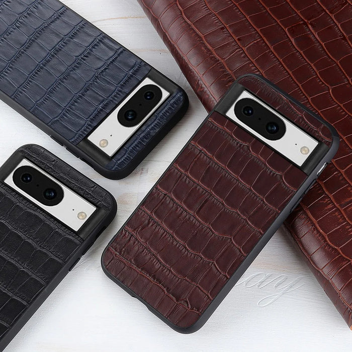 For Google Pixel 8 Drop Proof Genuine Cow Leather+TPU+PC Phone Case Crocodile Texture Phone Cover - Brown - 4