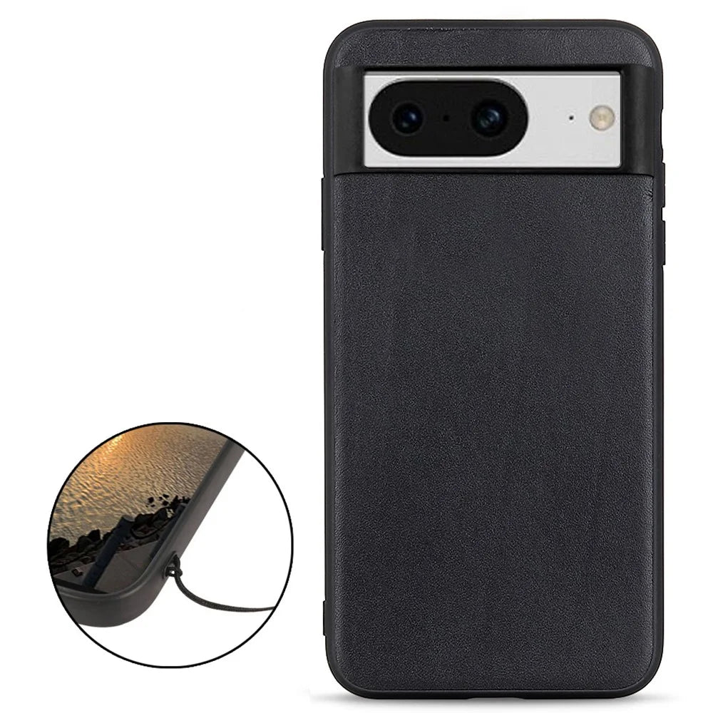 For Google Pixel 8 Shockproof Phone Case Textured Genuine Leather Coated TPU Phone Cover - Black - 2