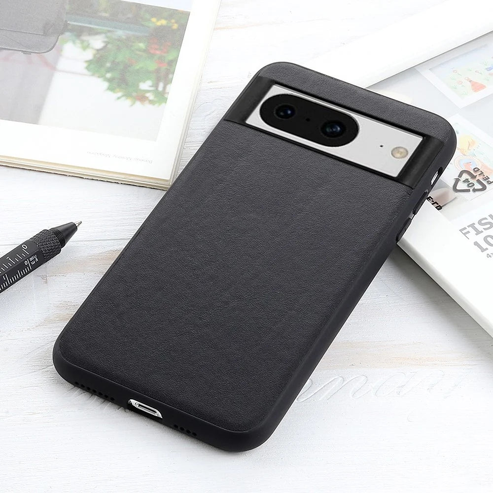 For Google Pixel 8 Shockproof Phone Case Textured Genuine Leather Coated TPU Phone Cover - Black - 3