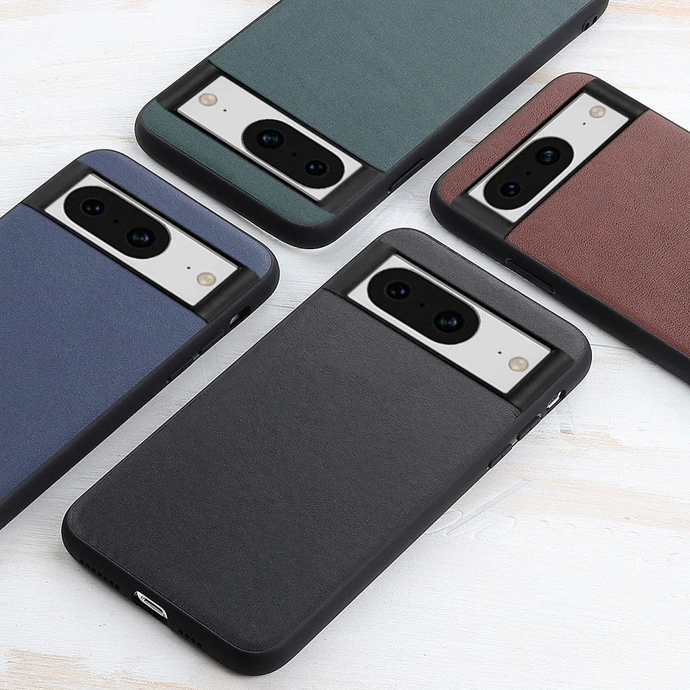 For Google Pixel 8 Shockproof Phone Case Textured Genuine Leather Coated TPU Phone Cover - Black - 4