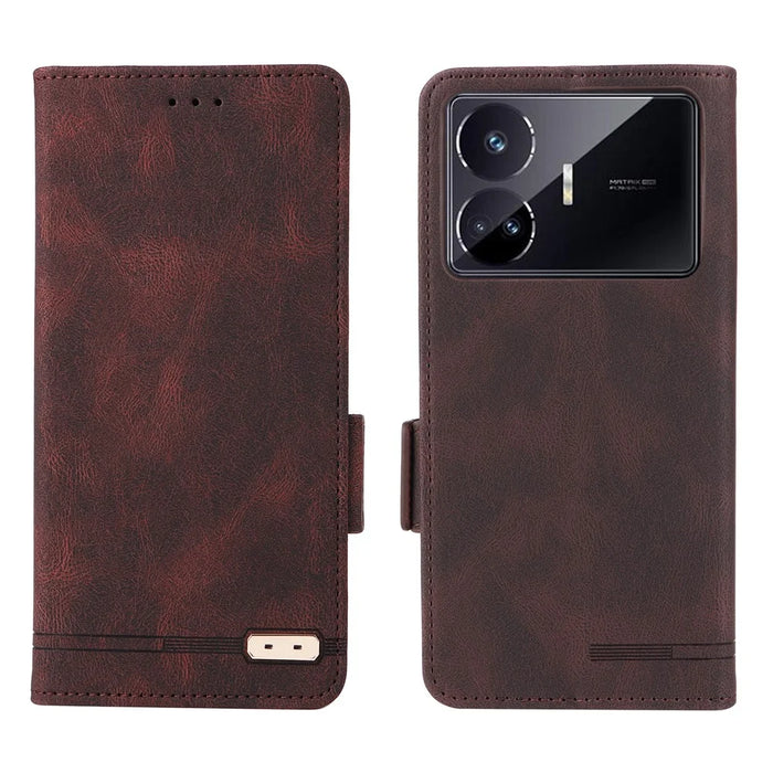 For Realme GT Neo5 SE 5G PU Leather Stand Wallet Case Hardware Decor Flip Phone Cover - Coffee - 1