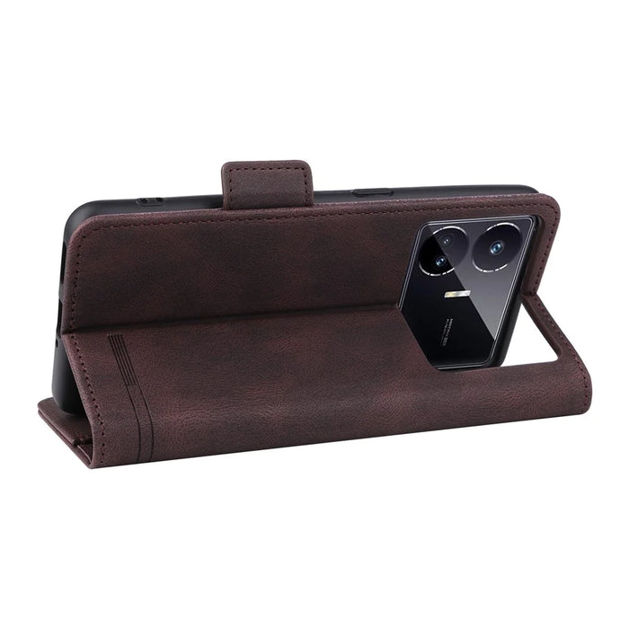 For Realme GT Neo5 SE 5G PU Leather Stand Wallet Case Hardware Decor Flip Phone Cover - Coffee - 4