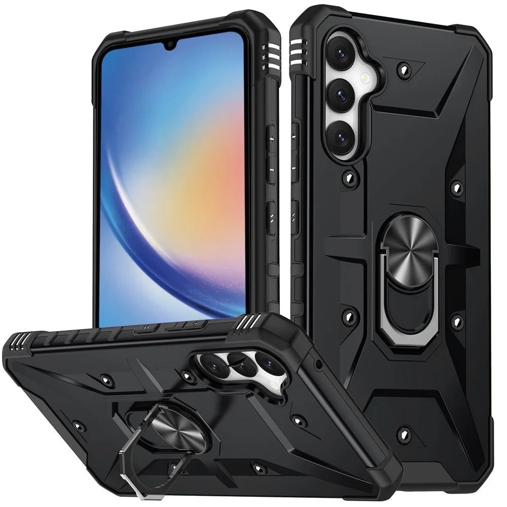 For Samsung Galaxy A34 5G Shockproof TPU+PC Phone Case Ring Kickstand Anti-Scratch Back Cover - Black - 1