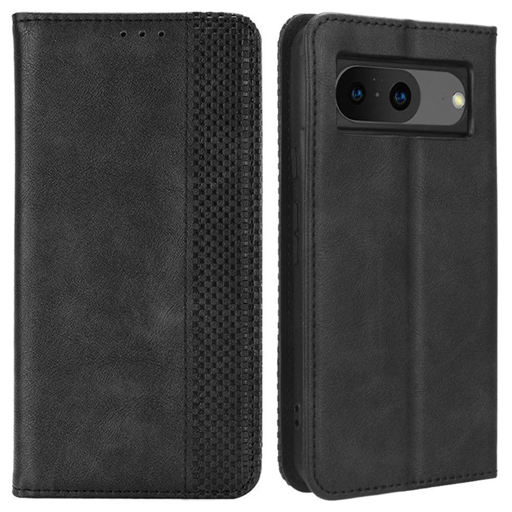 For Google Pixel 8 Magnetic Closure Phone Case PU Leather Cover Stand Wallet Retro Phone Protector - Black - 1