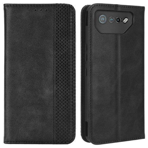 For Asus ROG Phone 7 5G Retro PU Leather Cover Stand Wallet Magnetic Closure Mobile Phone Case - Black - 1