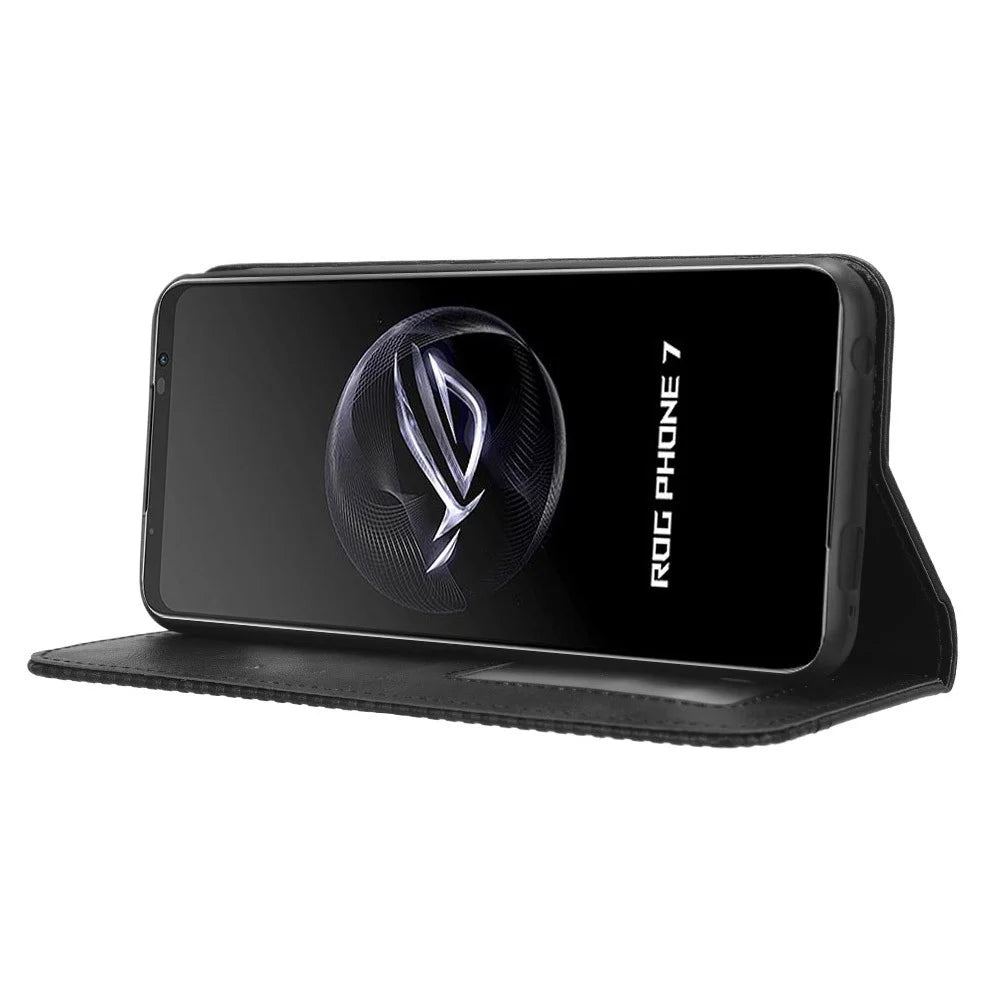 For Asus ROG Phone 7 5G Retro PU Leather Cover Stand Wallet Magnetic Closure Mobile Phone Case - Black - 3