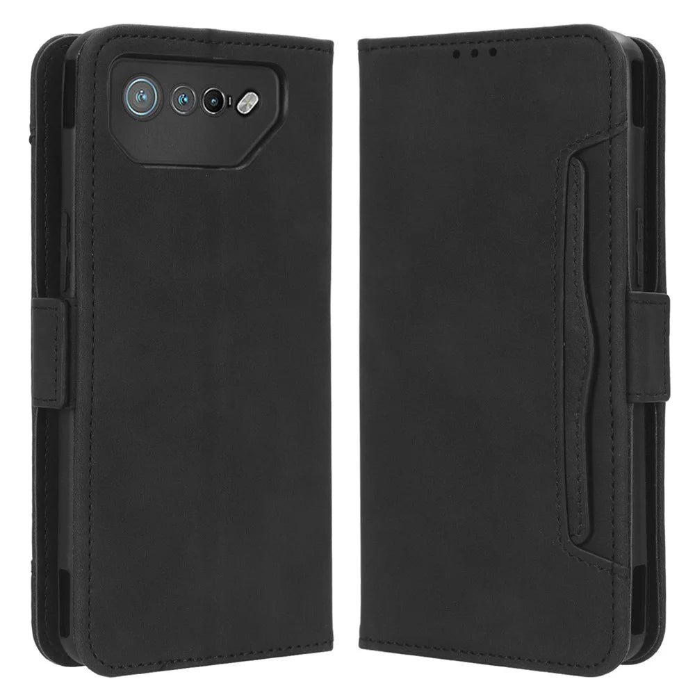 For Asus ROG Phone 7 5G Anti-Dust Wallet Stand Multiple Card Slots Phone Case PU Leather Phone Cover - Black - 1