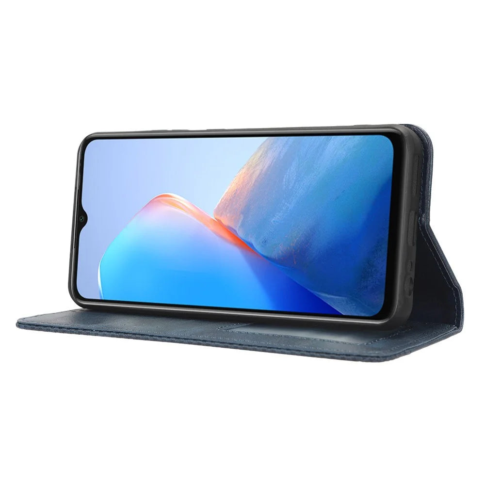 For Infinix Smart 7 Plus Anti-Dust Phone Cover PU Leather Stand Wallet Retro Magnetic Closure Mobile Phone Case - Blue - 3