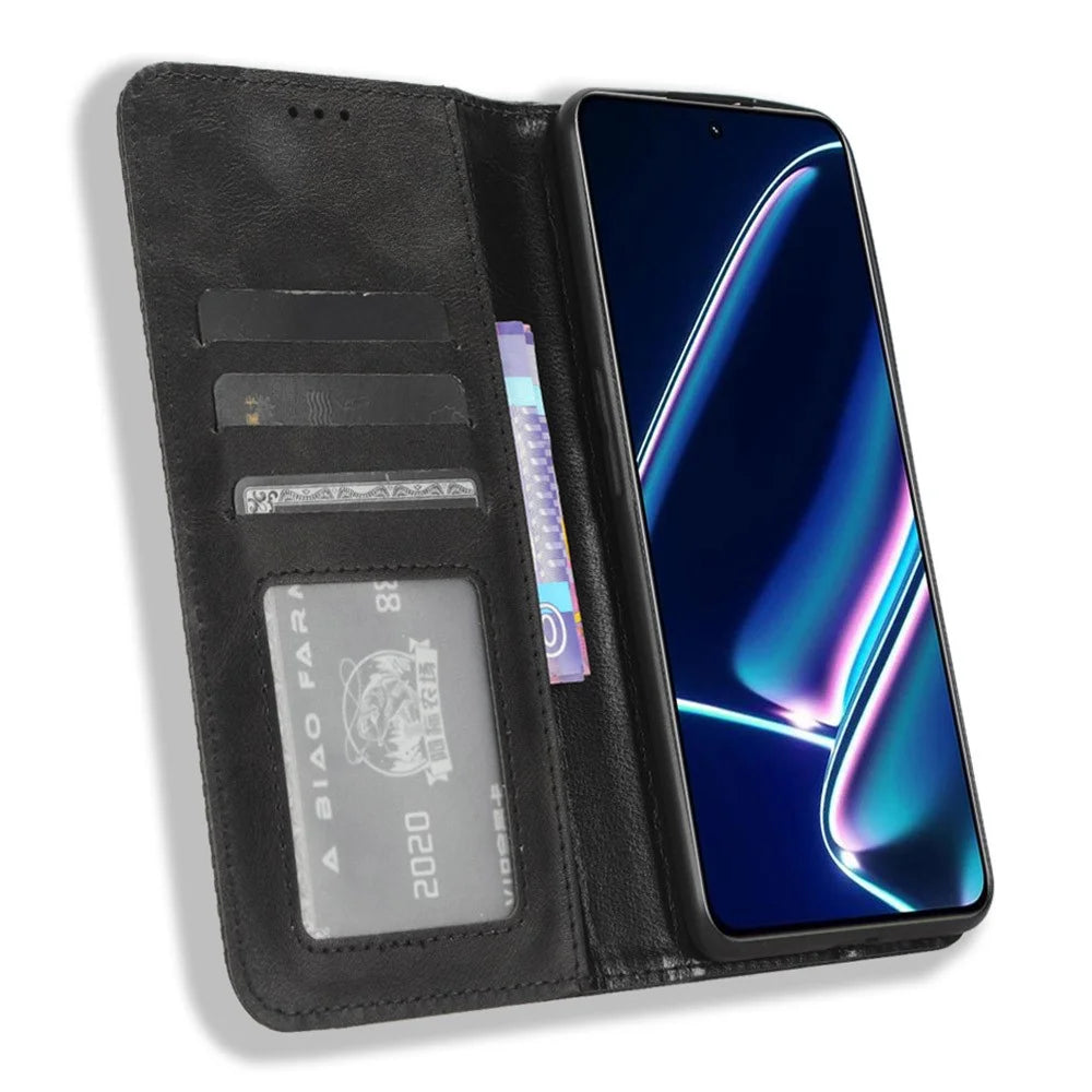 Magnetic Phone Case Wallet for Realme GT Neo5 SE 5G , Stand Retro PU Leather Phone Protection Cover - Black - 2