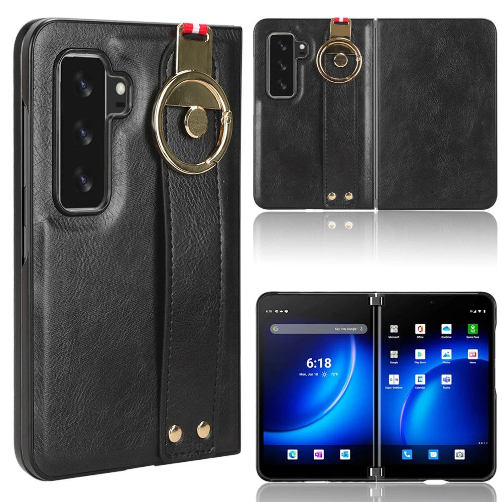 For Microsoft Surface Duo 2 Leather Coating Phone Cover PC+TPU Wristband Case with Neck Strap - Black - 1