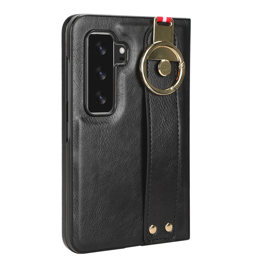 For Microsoft Surface Duo 2 Leather Coating Phone Cover PC+TPU Wristband Case with Neck Strap - Black - 3
