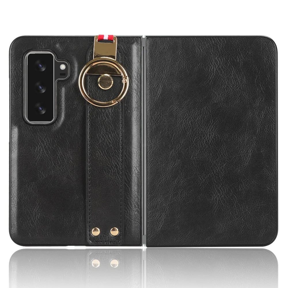 For Microsoft Surface Duo 2 Leather Coating Phone Cover PC+TPU Wristband Case with Neck Strap - Black - 4