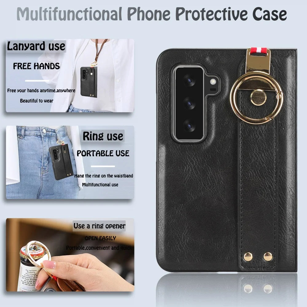 For Microsoft Surface Duo 2 Leather Coating Phone Cover PC+TPU Wristband Case with Neck Strap - Black - 5