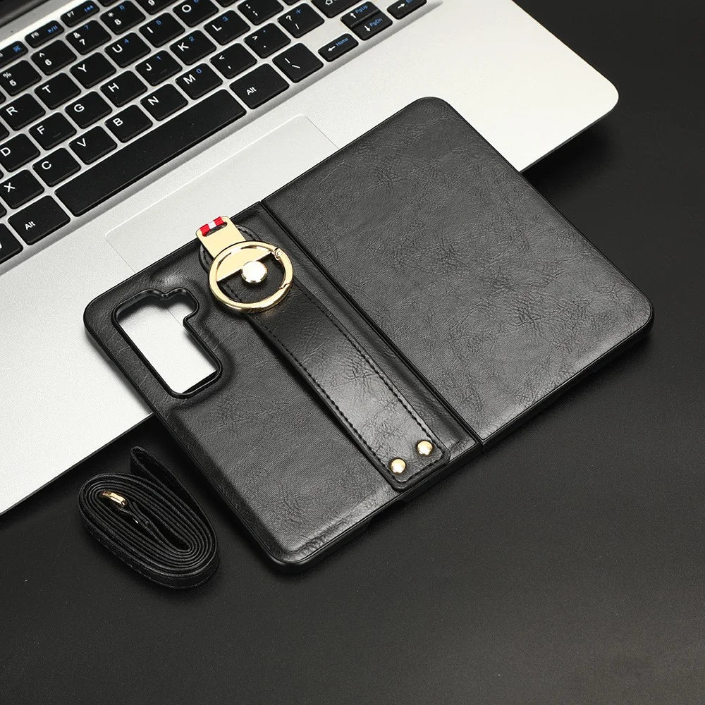 For Microsoft Surface Duo 2 Leather Coating Phone Cover PC+TPU Wristband Case with Neck Strap - Black - 6