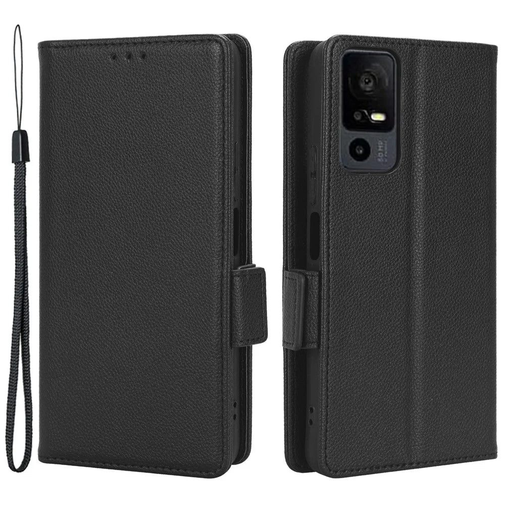 PU Leather Wallet Cell Phone Case For TCL 40 XL Litchi Texture Flip Stand Phone Cover - Black - 1