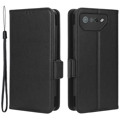 For Asus ROG Phone 7 5G Flip Stand Phone Shell PU Leather Wallet Anti-drop Case Litchi Texture Phone Cover - Black - 1