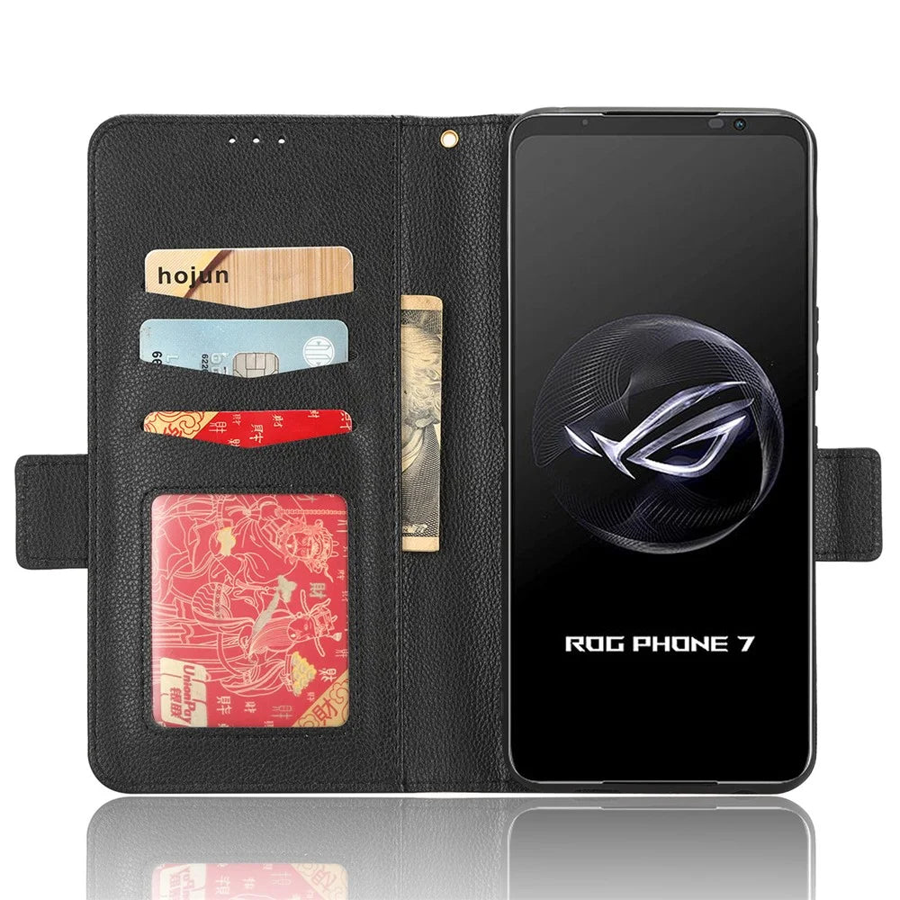 For Asus ROG Phone 7 5G Flip Stand Phone Shell PU Leather Wallet Anti-drop Case Litchi Texture Phone Cover - Black - 2