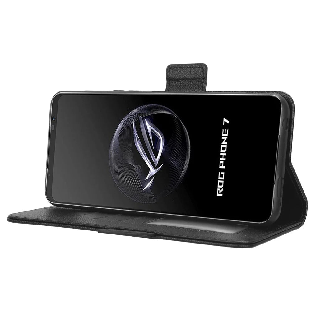 For Asus ROG Phone 7 5G Flip Stand Phone Shell PU Leather Wallet Anti-drop Case Litchi Texture Phone Cover - Black - 3