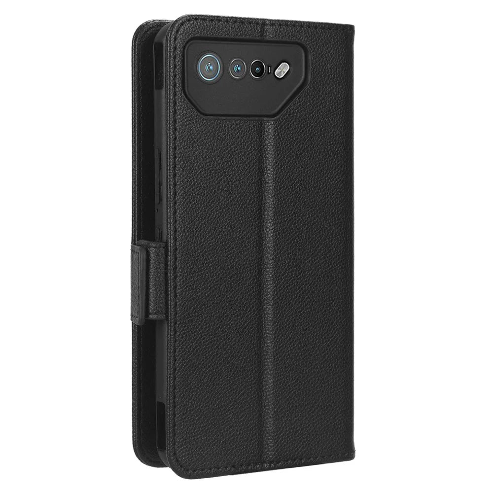 For Asus ROG Phone 7 5G Flip Stand Phone Shell PU Leather Wallet Anti-drop Case Litchi Texture Phone Cover - Black - 7