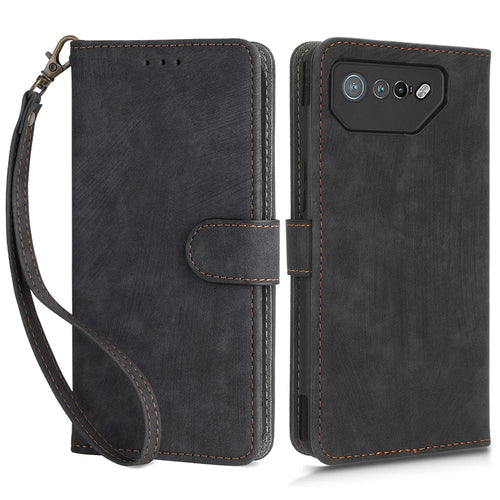 For Asus ROG Phone 7 5G Phone Wallet Case RFID Blocking Stand Phone Cover with Strap - Black - 1