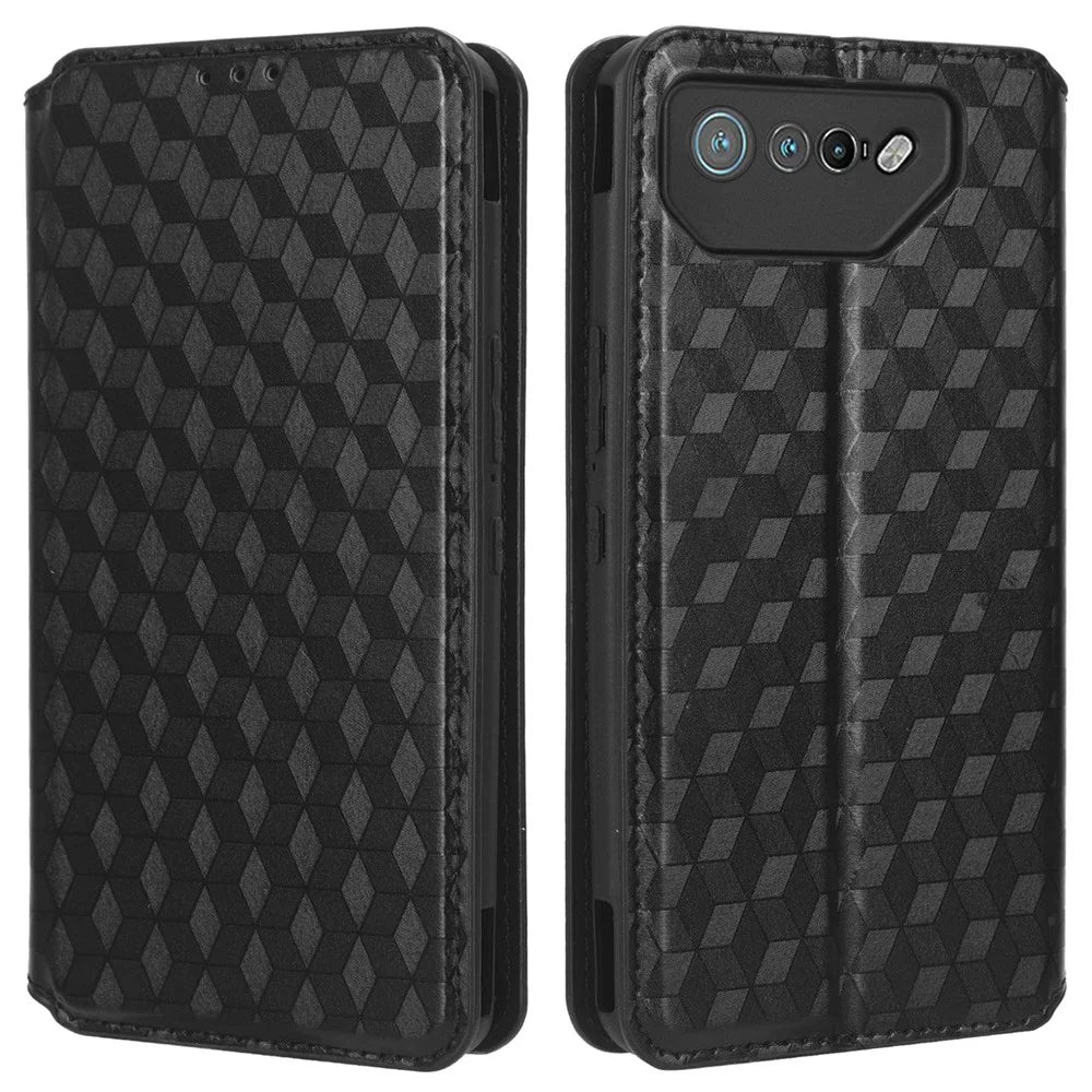 For Asus ROG Phone 7 5G Cell Phone Case Imprinted Rhombus PU Leather Wallet Stand Flip Cover - Black - 1