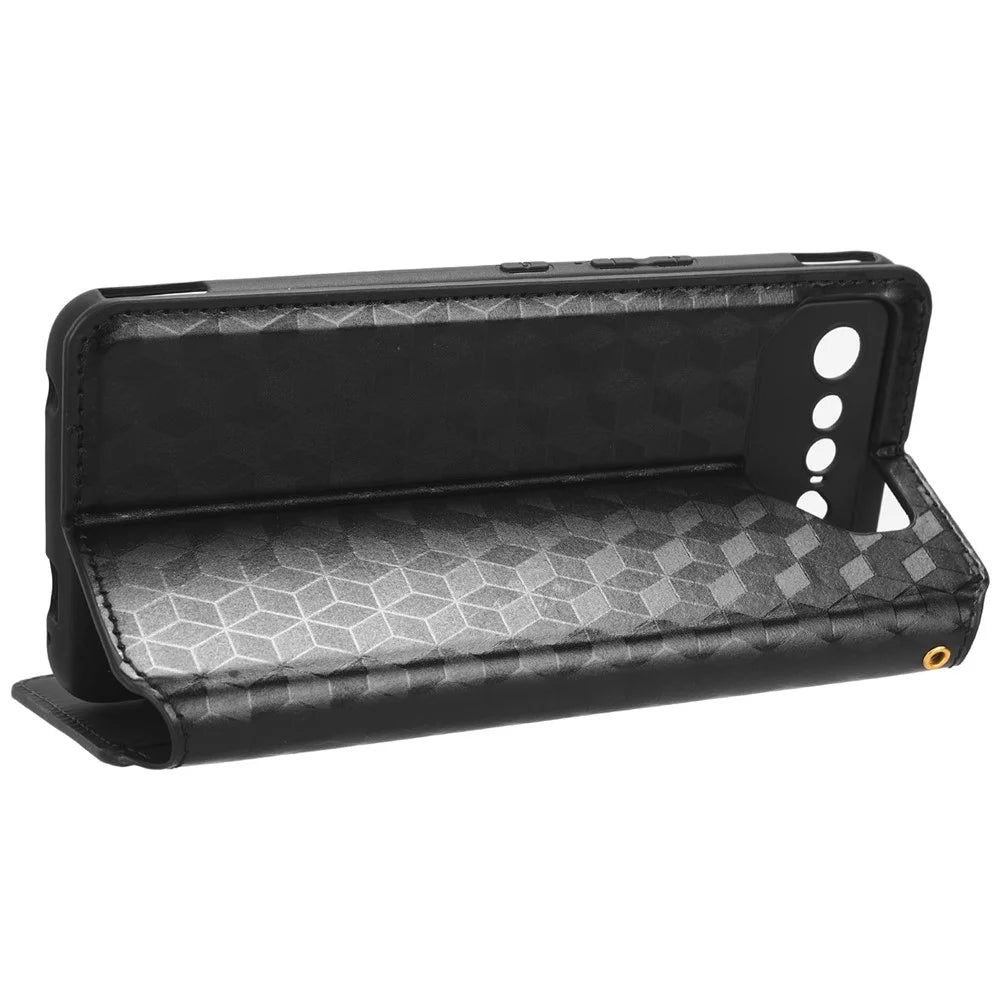 For Asus ROG Phone 7 5G Cell Phone Case Imprinted Rhombus PU Leather Wallet Stand Flip Cover - Black - 3