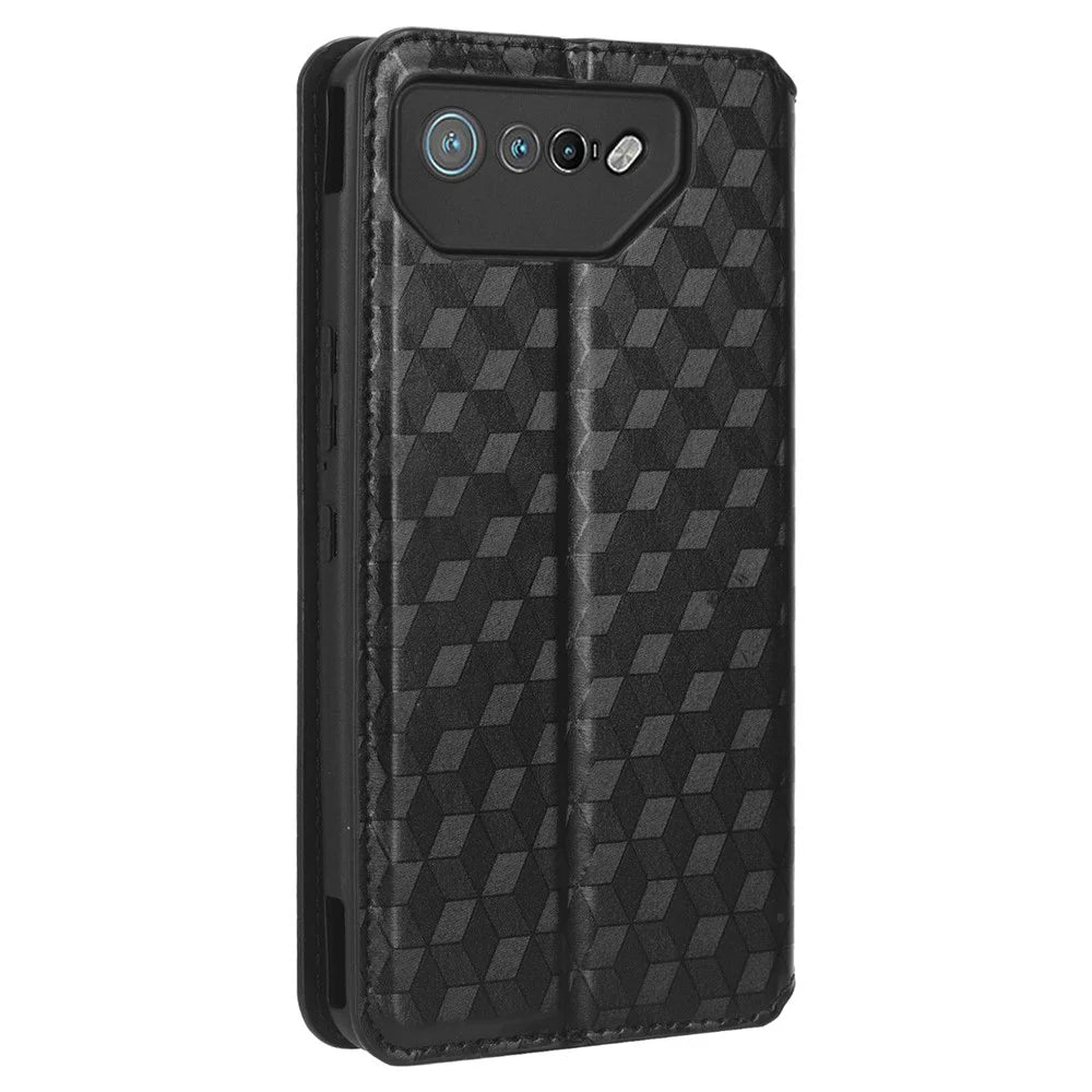 For Asus ROG Phone 7 5G Cell Phone Case Imprinted Rhombus PU Leather Wallet Stand Flip Cover - Black - 7