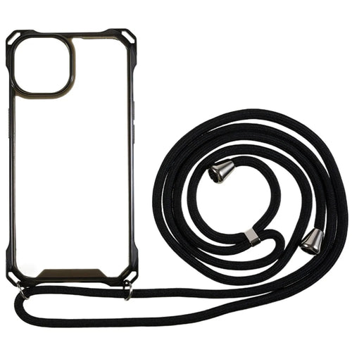 For iPhone 13 Transparent Acrylic Back + TPU Case Anti-drop Phone Cover with Lanyard - Black - 1