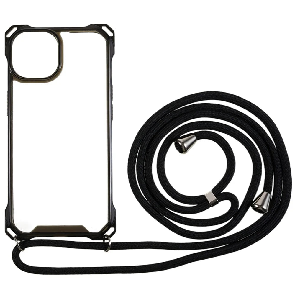 For iPhone 13 Transparent Acrylic Back + TPU Case Anti-drop Phone Cover with Lanyard - Black - 1