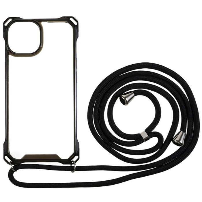 For iPhone 13 Transparent Acrylic Back + TPU Case Anti-drop Phone Cover with Lanyard - Black - 1