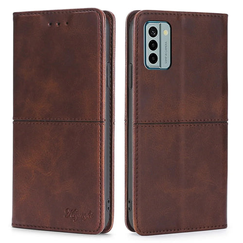 For Nokia G22 Anti-fingerprint Phone Shell Cowhide Texture PU Leather Case Stand Card Slot Cover - Dark Brown - 1