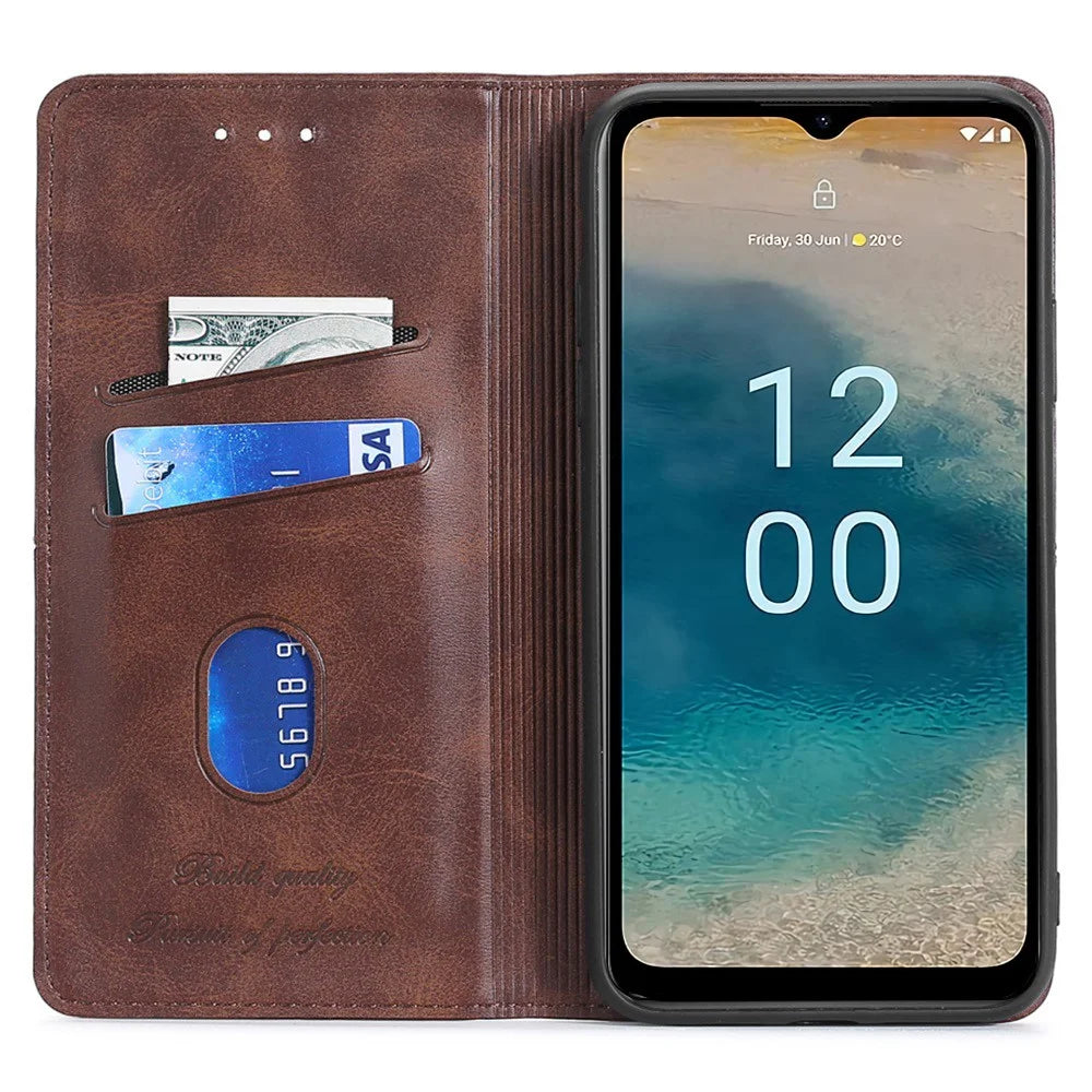 For Nokia G22 Anti-fingerprint Phone Shell Cowhide Texture PU Leather Case Stand Card Slot Cover - Dark Brown - 2