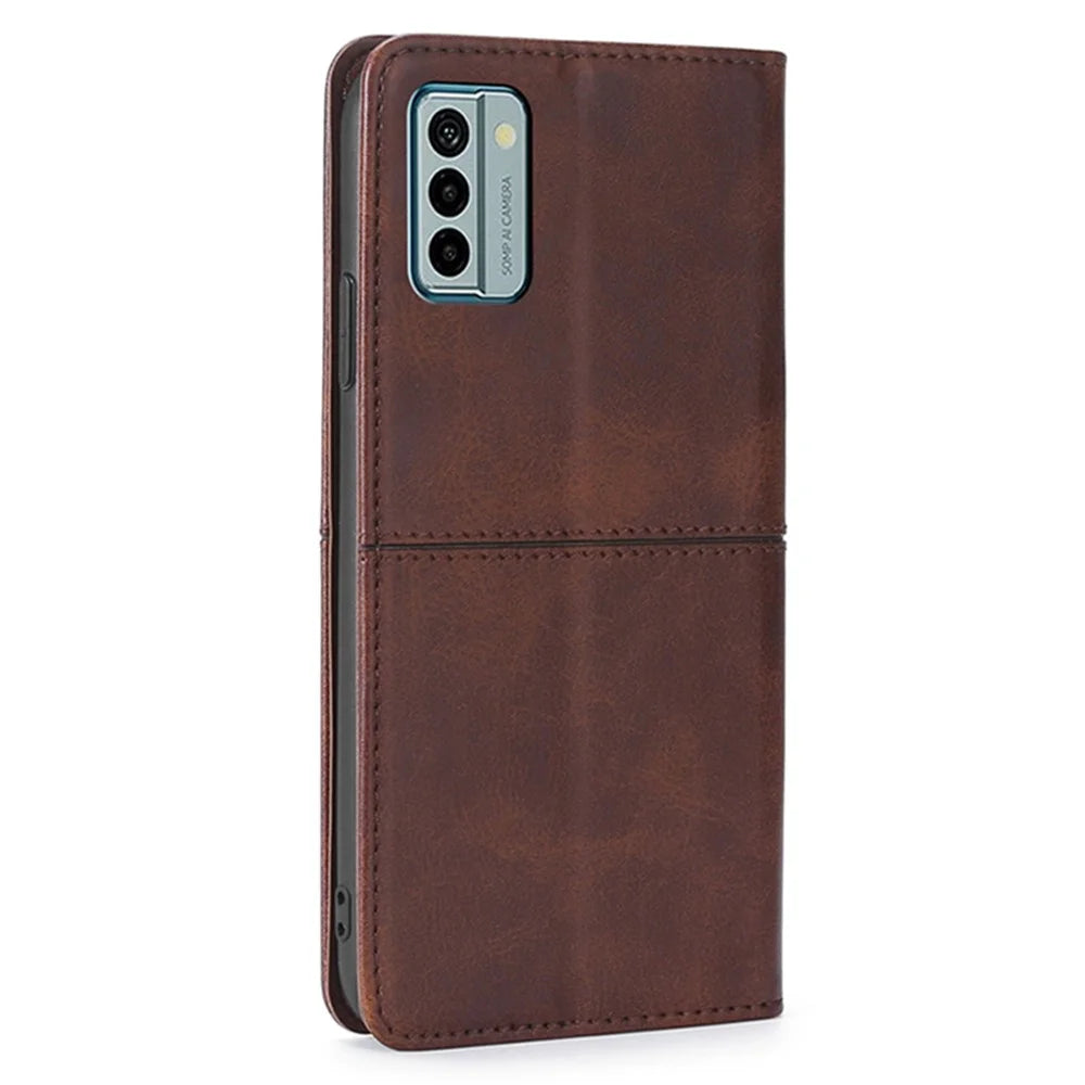 For Nokia G22 Anti-fingerprint Phone Shell Cowhide Texture PU Leather Case Stand Card Slot Cover - Dark Brown - 7