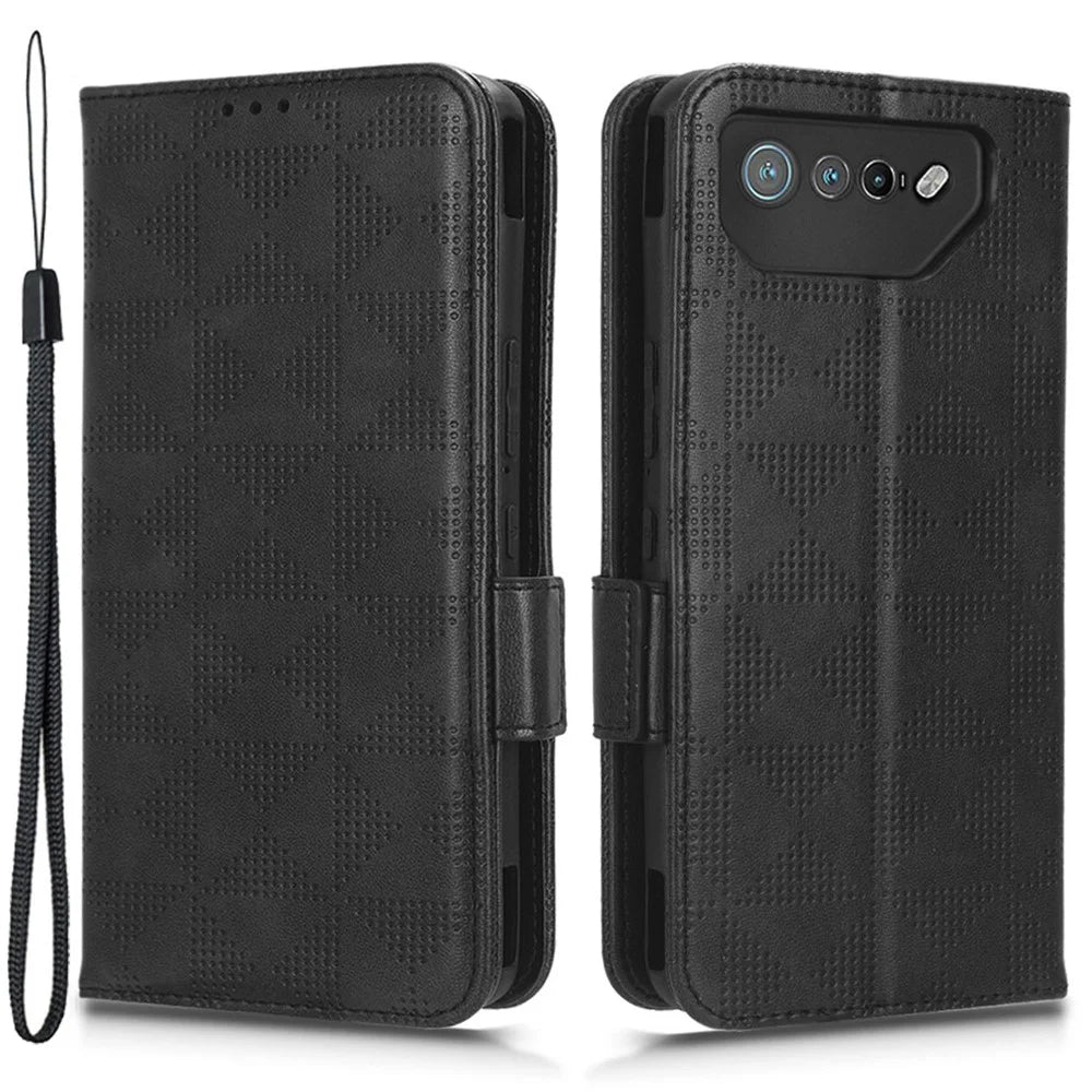 For Asus ROG Phone 7 5G Cell Phone Wallet Case PU Leather Imprinted Triangle Stand Cover - Black - 1