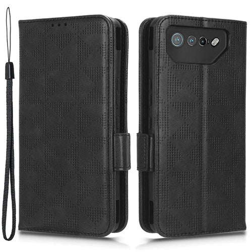 For Asus ROG Phone 7 5G Cell Phone Wallet Case PU Leather Imprinted Triangle Stand Cover - Black - 1