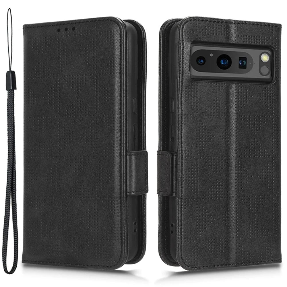 For Google Pixel 8 Pro Anti-Scratch Wallet Phone Case PU Leather Imprinted Triangle Stand Cover - Black - 1